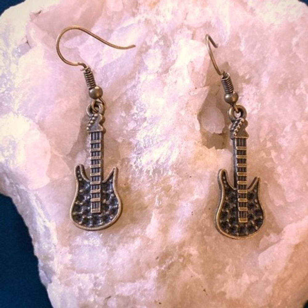 Bronze Guitar Hook Earrings-Rock Music Band Instrument Artist Musician Gift -New